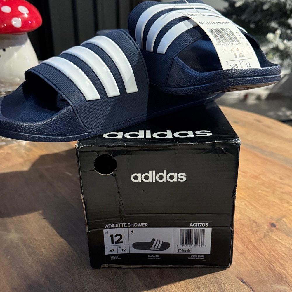 Adidas Kids Men’s Shower Slides - Dark Blue and White